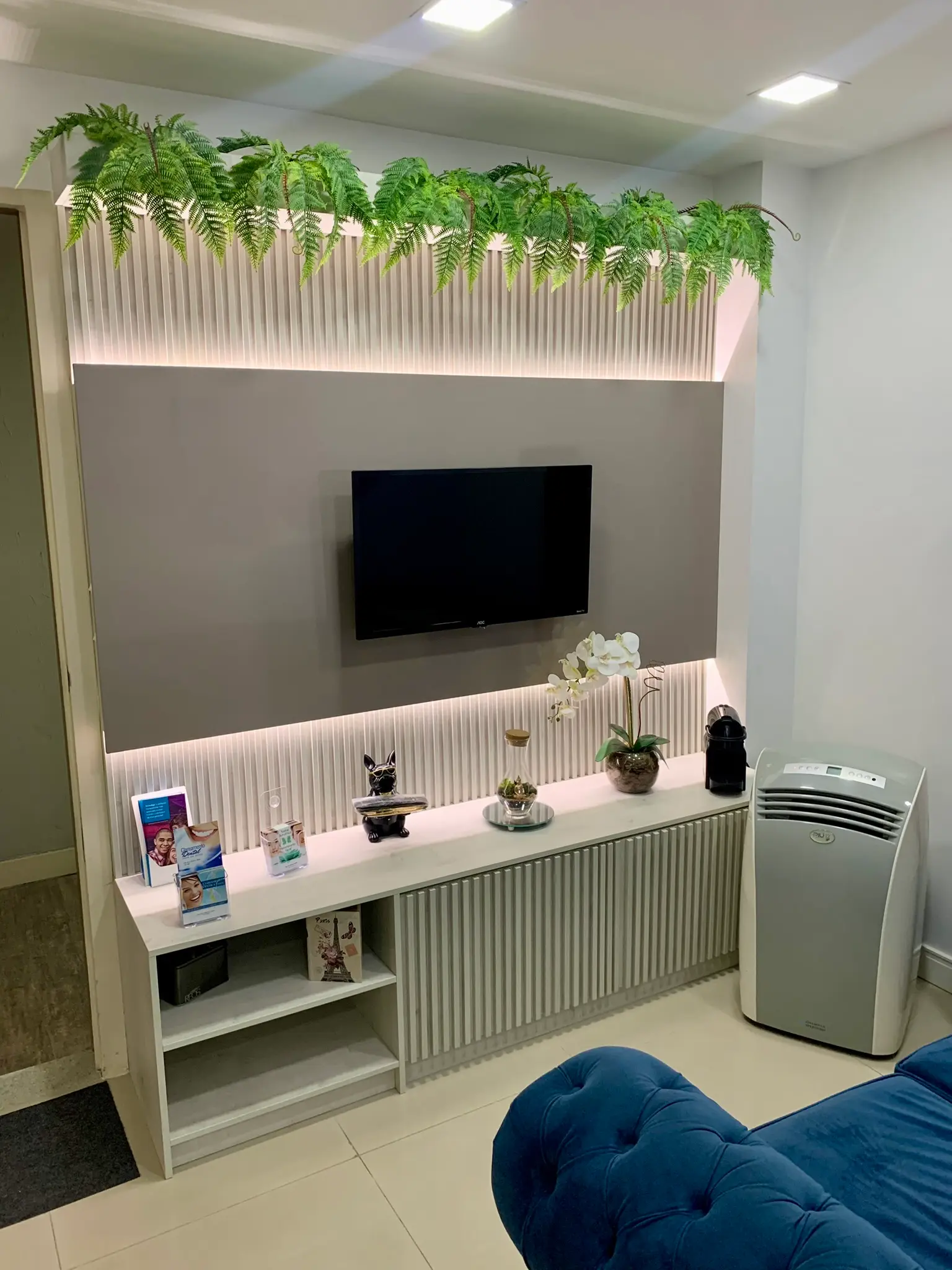 Recepção do consultório, com poltrona azul e plantas